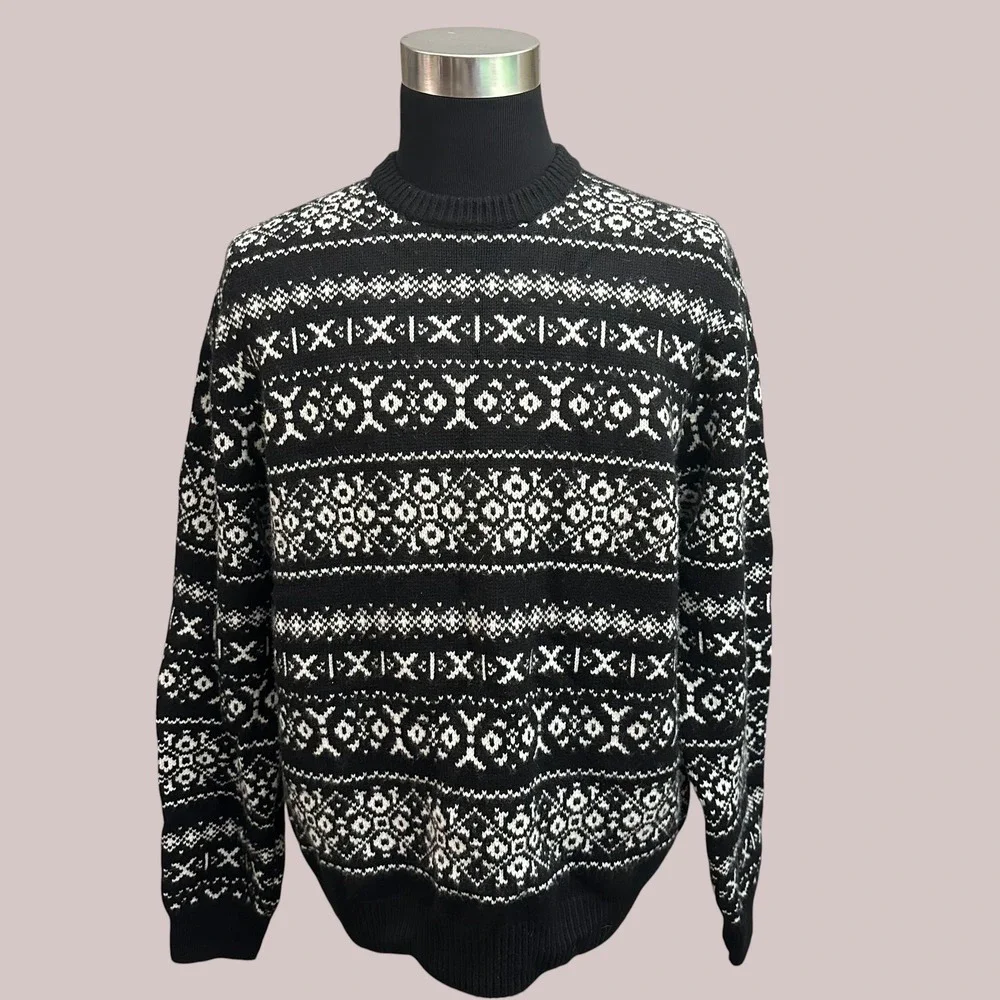 Brooks Brothers Black Crewneck Fair Isle Knit Sweater Extra fine Merino Wool XL